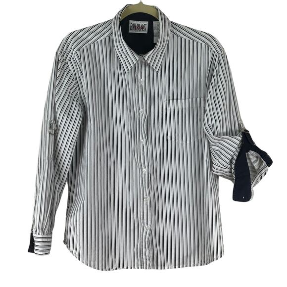 Bill Blass Jeans navy white striped button shirt size large 100% cotton - Picture 1 of 5